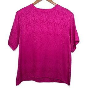 SilkLand Women's 100% Silk Pink Paisley Print Short Sleeve Silk Blouse Size L